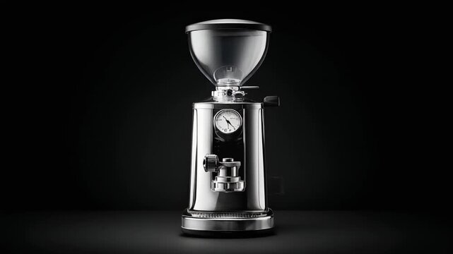 A sleek, polished metallic coffee grinder with a clear hopper stands centered against a black backdrop