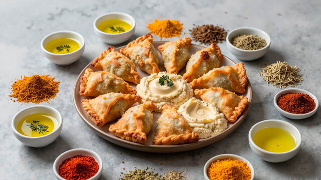 Traditional iftar dishes with samsa and hummus, surrounded by olive oil and spices, vibrant presentation