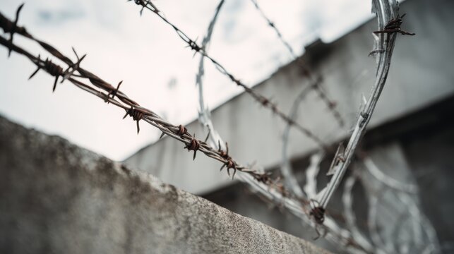 Barbed wire fence attached to high prison wall, isolated on white