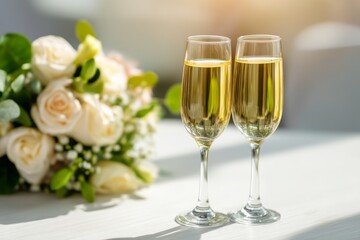 Romantic Celebration Scene with Champagne Glasses and Floral Arrangement