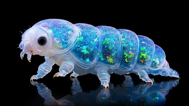 A futuristic tardigrade with glowing blue and green segments moves slowly on a reflective surface from a side viewpoint in a dark environment