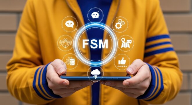FSM Technology Integration: A Person Holding a Mobile Device Displaying FSM Concept with Icons