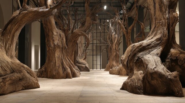 A grove of monumental ancient trees featuring contorted branches and expansive roots. The transparent setting accentuates their natural elegance