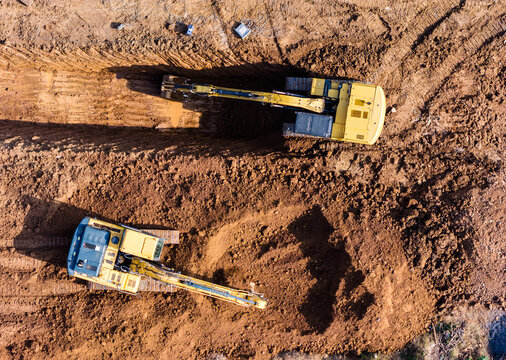 Aerial excavators at construction site

