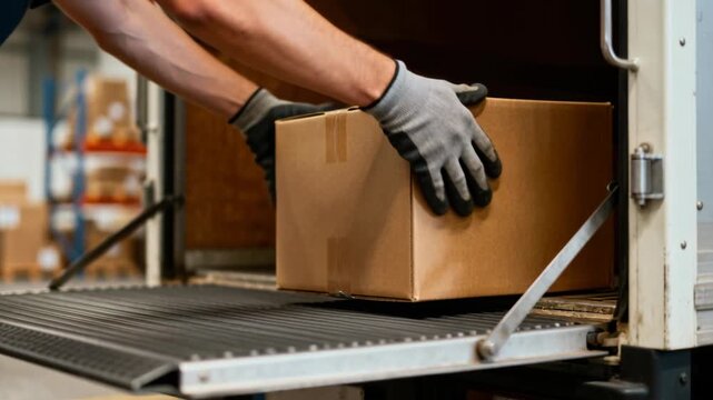 Close-up shot of a worker in gloves handling a cardboard box on a truck's lowered liftgate in a busy warehouse environment.