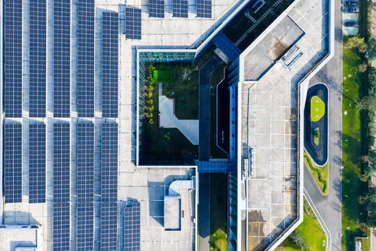 Solar panels on office building rooftop