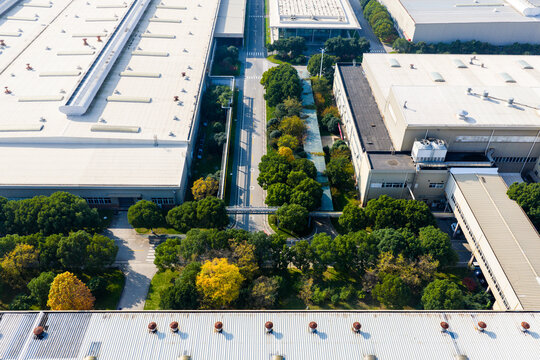 Aerial view of factory rooftops