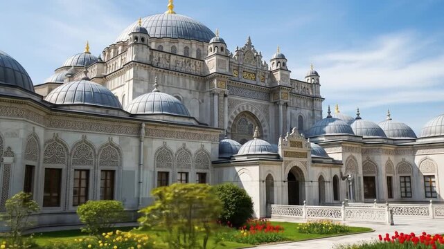 Large white building with multiple domes and a garden in the foreground. Perfect for travel brochures, architectural studies, and cultural presentations.