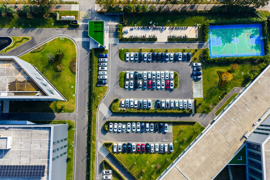 Aerial view of urban parking and sports court