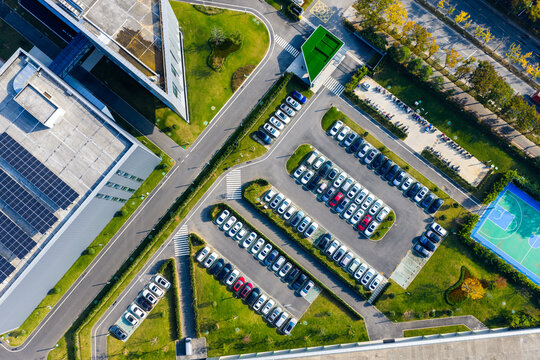 Aerial view of urban parking and sports court