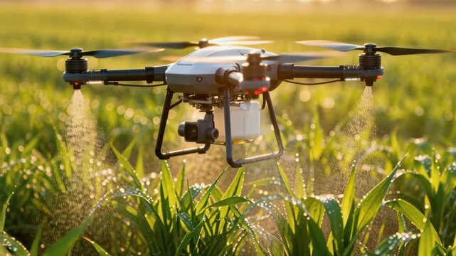 Smart farming drone applies liquid spray over lush green crops during beautiful golden hour.