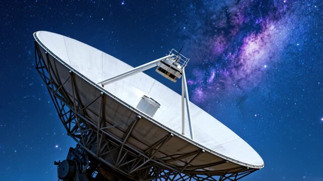 Large radio telescope dish pointing towards a brilliant, star-filled night sky with the Milky Way.