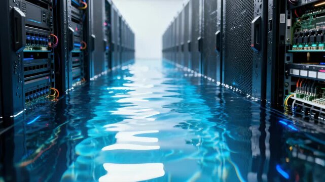 Flooded data center aisle showing rows of server racks partially submerged in glowing blue water.