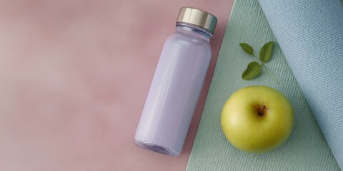 Bottle of purple liquid next to a green apple