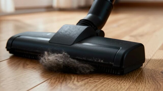 Vacuum cleaning process removing dust, pet hair, and dirt buildup from a shiny wooden parquet floor.