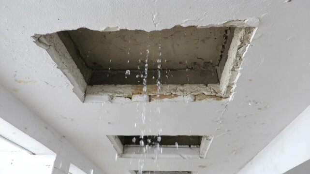 Water streams and drips heavily from two square holes cut into a damaged white ceiling, showing a severe leak.