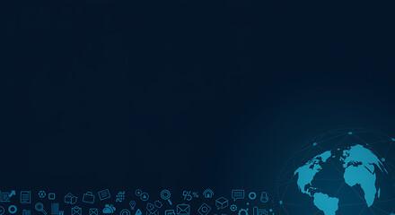Dark Blue Global Connectivity Background with Stylized Globe, Network Connections, and Tech Icons Symbolizing Digital Innovation