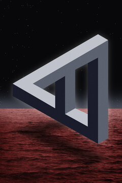 Poster with a  impossible figure above the  red water surface