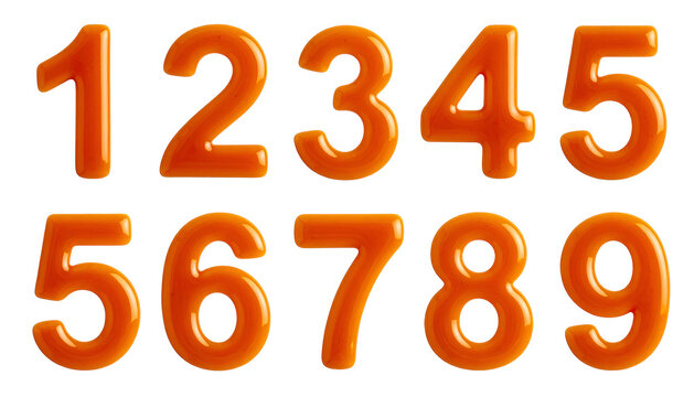 Shiny, orange, bubbly numbers 0-9 in a 3D style, arranged on a black background