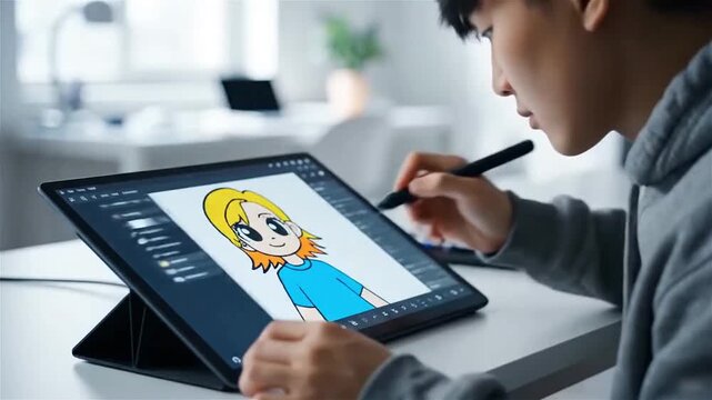 Young artist drawing cartoon character on digital tablet with stylus.
