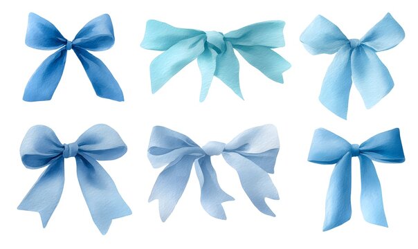  cute watercolor style simple unique and differing baby blue bows, on a white background