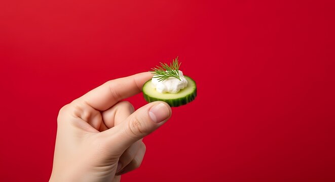 Hand holding cucumber canap&eacute;s