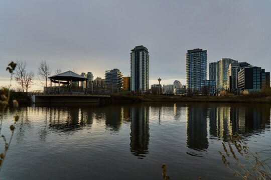 Calgary Downtown Skyline Reflected on Water at Dusk