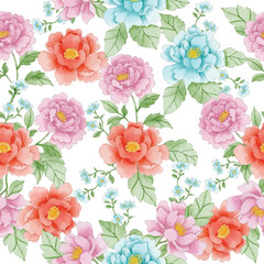 Red Rose and Wild Flower Watercolor Seamless Pattern