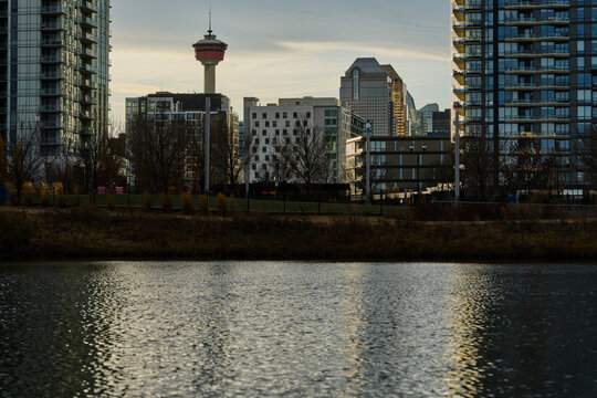 Calgary Tower and Downtown Skyline Reflected on Water