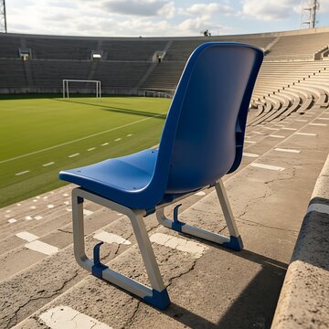 Blue chair on stadium steps overlooking soccer field and empty seats under a cloudy sky