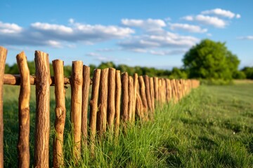 Obraz premium Rustic Windbreak Built from Natural Branches and Grass in a Serene Outdoor Landscape
