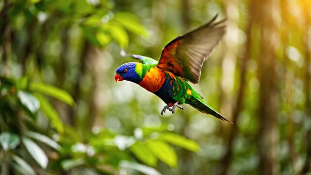 Vibrant rainbow lorikeet flying gracefully through lush rainforest canopy in slow motion