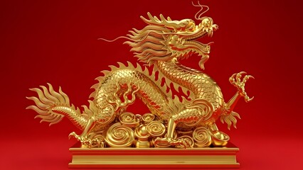 Obraz premium Golden Dragon Statue on Red Background for Prosperity.