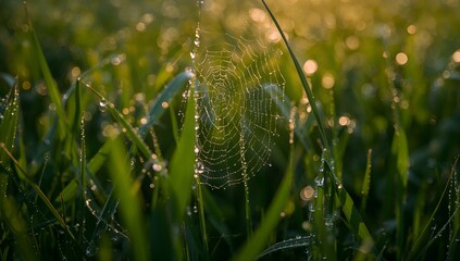 A close-up of a spider web covered with morning dew in green grass, with natural bokeh effect