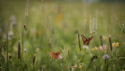 Two butterflies gracefully floating amidst a vibrant meadow filled with wildflowers and lush greenery