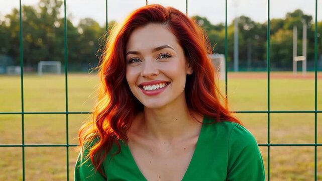 Woman with red hair smiling outdoors