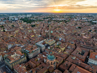 Aerial view of Bologna city skyline at sunset with Asinelli Tower, Italy