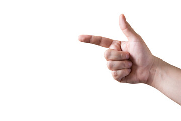 Hand pointing index finger to the side indicating direction isolated on transparent background png,...