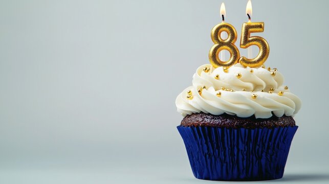 Delicious cupcake with 85 birthday candles on celebration