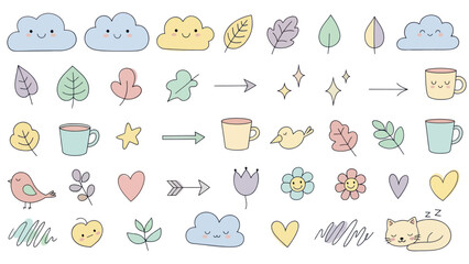Collection of Hand-Drawn Doodle Elements with Cute Faces and Nature Motifs.
