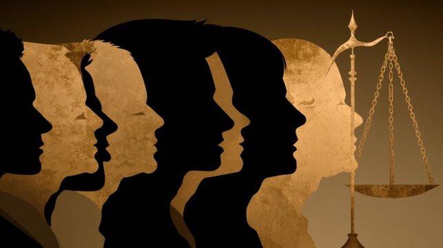 Silhouettes of people and scale representing justice and equality concept