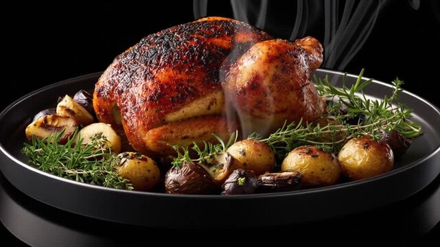 A roasted bird, golden brown, sits on a plate with potatoes, onions, rosemary, and steam against a black background
