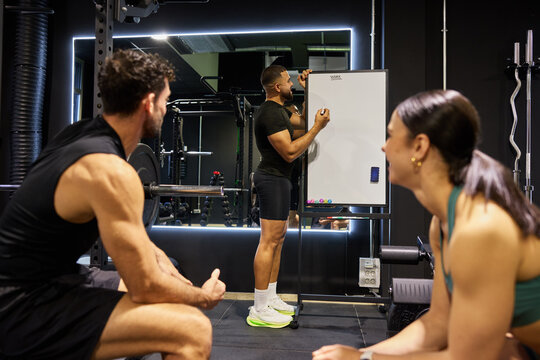 Trainer gives workout plan to a small group in gym setting
