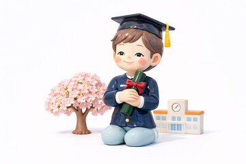 卒業・学位取得を祝う学生｜桜と学びのシンボル・白背景