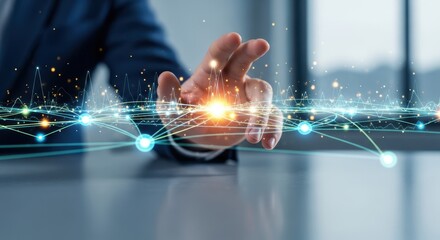 Businessman hand engaging with a digital network diagram connecting various nodes to represent global connectivity and communication.