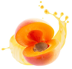 apricot fruit with juice splash isolated on white background