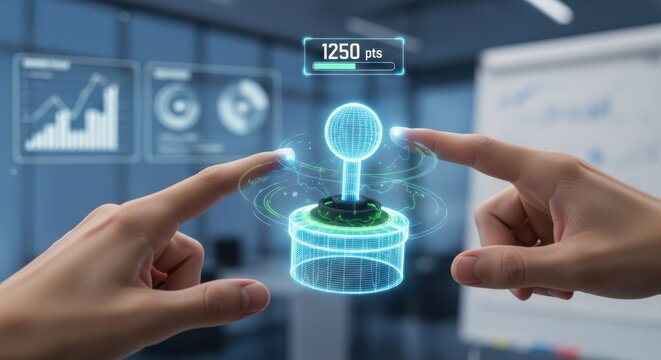 Fingers manipulating a 3D floating joystick, representing gamification of business tasks.
