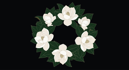 WebElegant circular wreath featuring white magnolia blossoms with green leaves in a symmetrical round pattern isolated on a black background. © Mukta's World