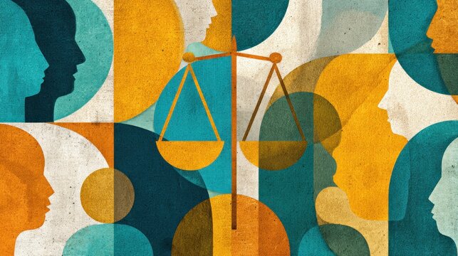Abstract illustration of scales of justice with diverse human profiles