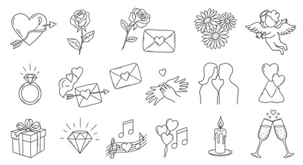 Collection of wedding elements, love symbols, and romantic icons in a minimalist line art style, showcasing various aspects of a wedding scene. © Avra